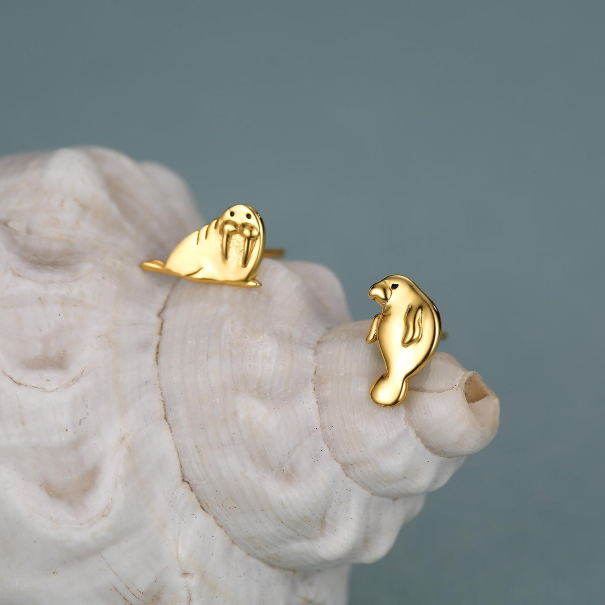Sterling Silver Walrus & Manatee Mismatched Stud Earrings, Asymmetric Manatee and Walrus Earrings