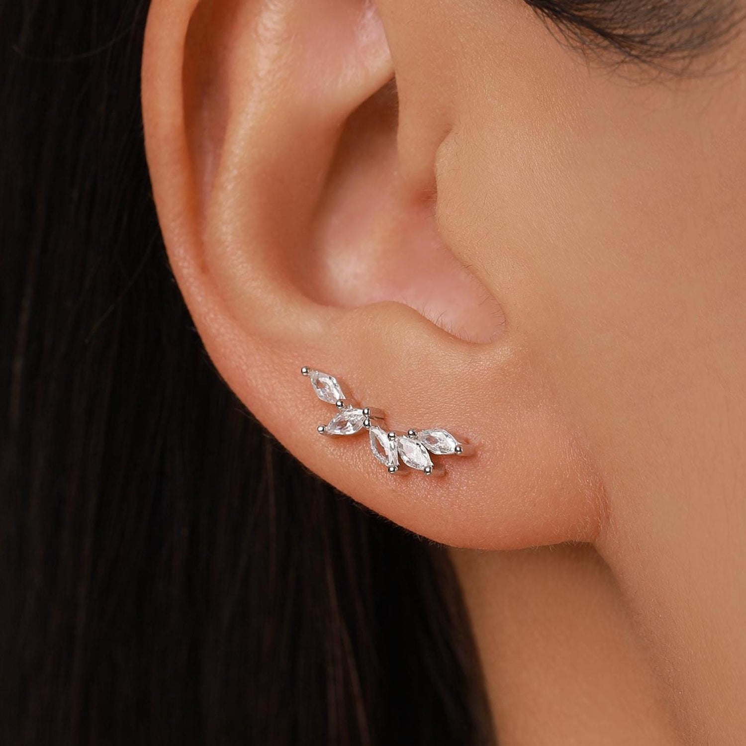 Clear CZ Cluster Crawler Earrings in Sterling Silver, Silver or Gold, CZ Marquise Ear Crawlers, CZ Cluster Earrings