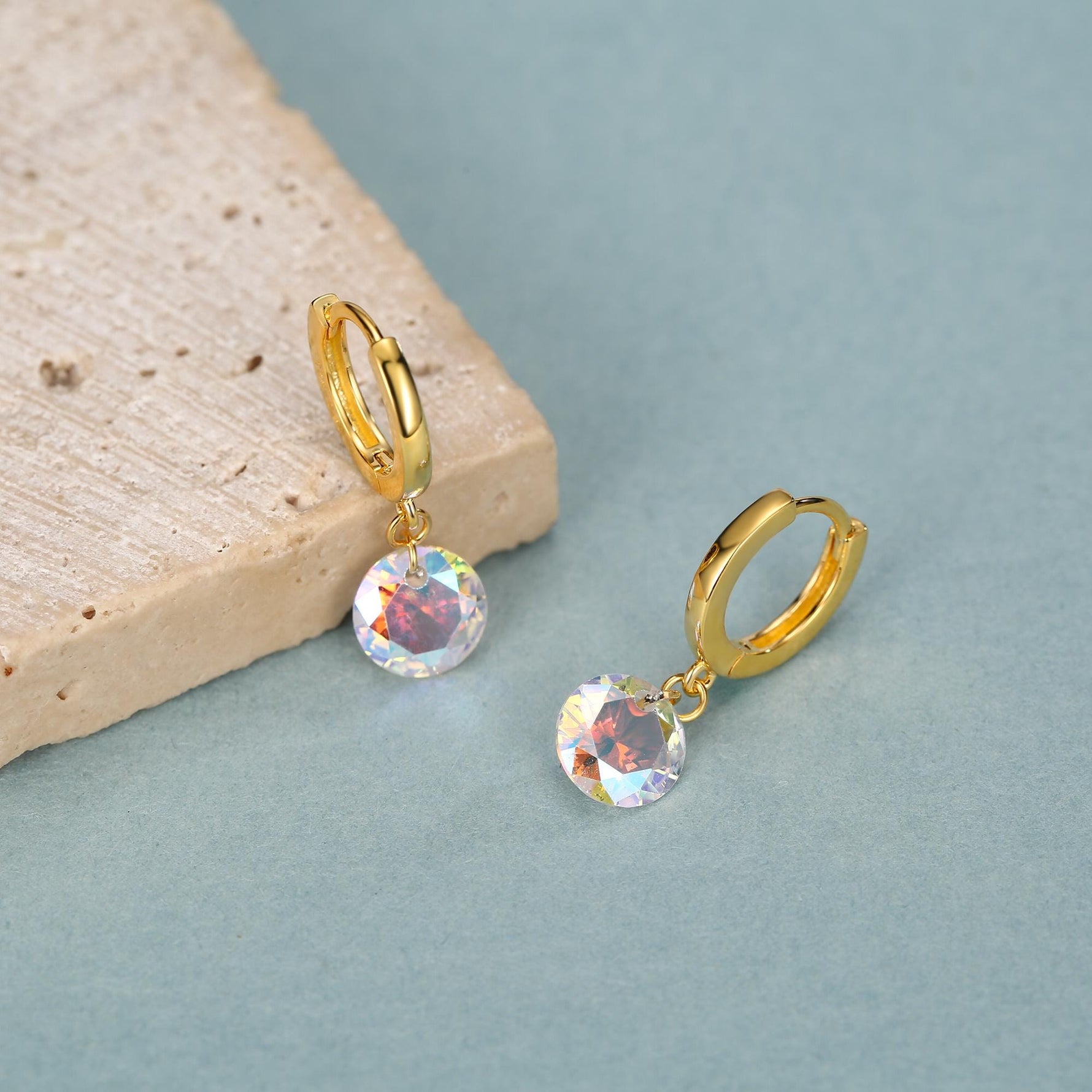 Dangle Aurora CZ Huggie Hoop Earrings in Sterling Silver, Silver or Gold, Delicate Sparky AB CZ Skinny Hoops, Colour Changing Crystal Hoops