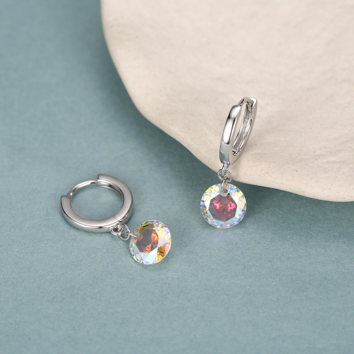 Dangle Aurora CZ Huggie Hoop Earrings in Sterling Silver, Silver or Gold, Delicate Sparky AB CZ Skinny Hoops, Colour Changing Crystal Hoops