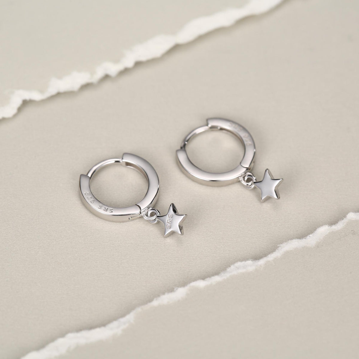 Pair of Star Huggie Hoop Earrings in Sterling Silver, Dangle Star Hoops, Celestial Earrings, Silver, Gold or Rose Gold