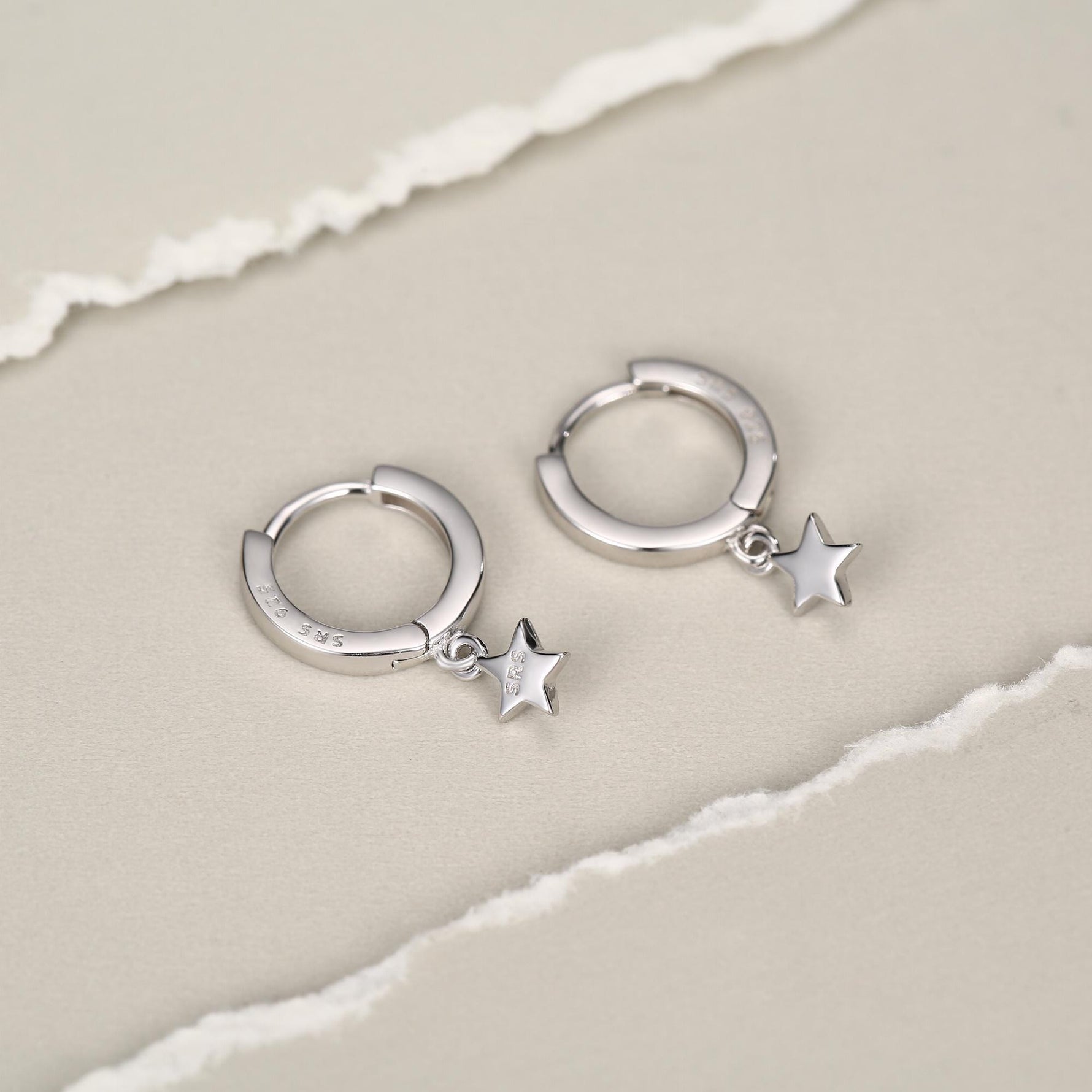 Pair of Star Huggie Hoop Earrings in Sterling Silver, Dangle Star Hoops, Celestial Earrings, Silver, Gold or Rose Gold