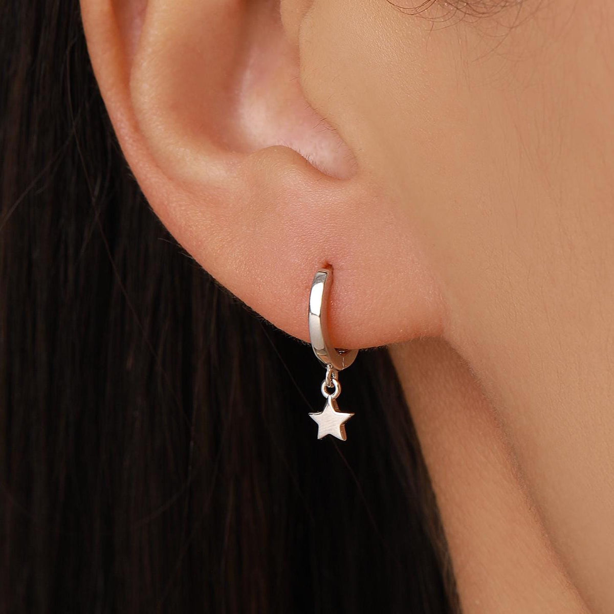 Pair of Star Huggie Hoop Earrings in Sterling Silver, Dangle Star Hoops, Celestial Earrings, Silver, Gold or Rose Gold