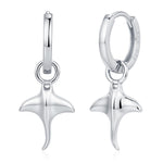 Sterling Silver Manta Ray Fish Huggie Hoop Earrings, Stingray Dangle Hoop Earrings, Dainty Fish Dangle Earrings