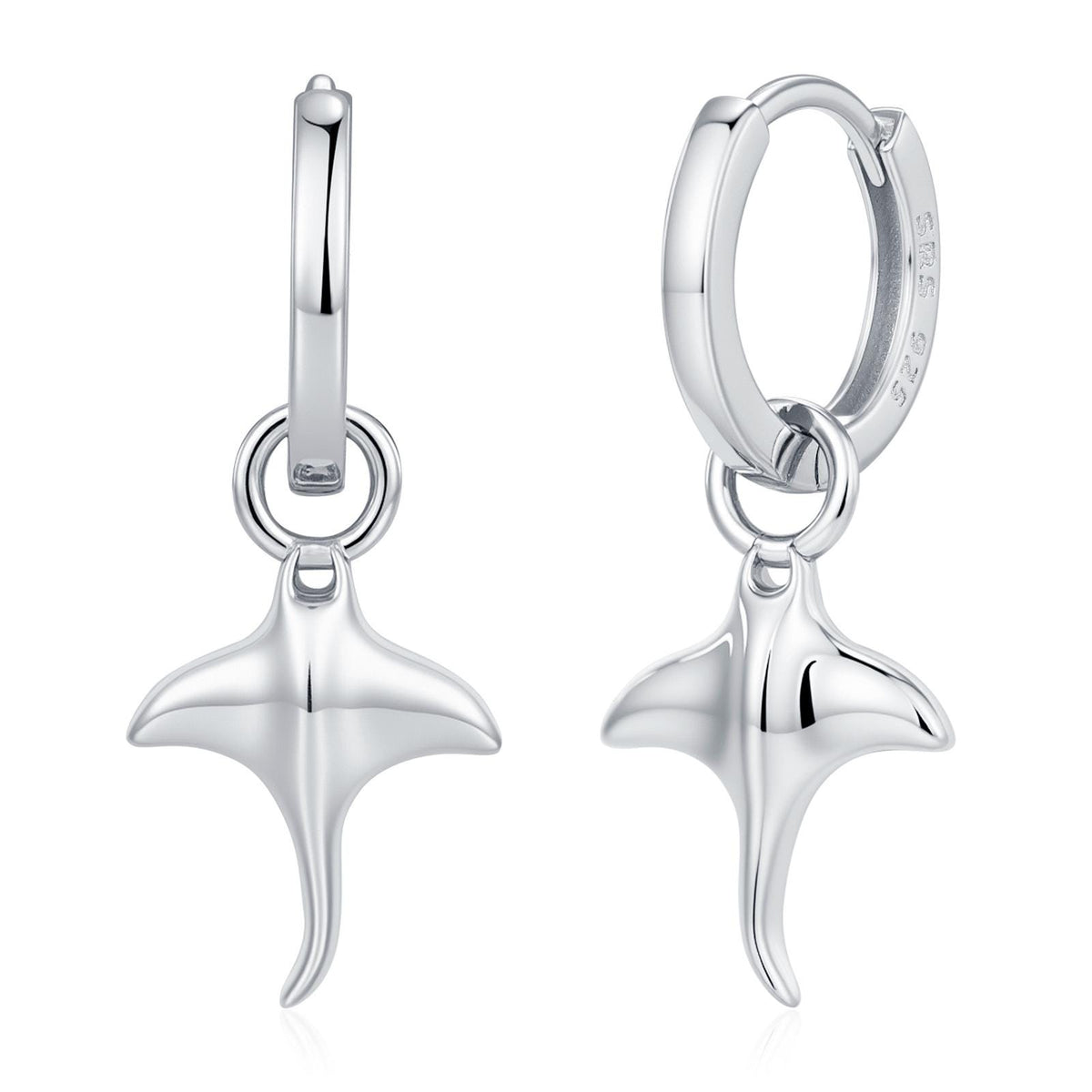 Sterling Silver Manta Ray Fish Huggie Hoop Earrings, Stingray Dangle Hoop Earrings, Dainty Fish Dangle Earrings