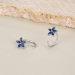 Sapphire Blue CZ Flower Huggie Hoop Earrings in Sterling Silver, Gold or Silver, Marquise CZ Flower Threader Hoop Earrings, Pull Through