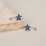 Sapphire Blue CZ Flower Huggie Hoop Earrings in Sterling Silver, Gold or Silver, Marquise CZ Flower Threader Hoop Earrings, Pull Through
