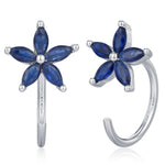 Sapphire Blue CZ Flower Huggie Hoop Earrings in Sterling Silver, Gold or Silver, Marquise CZ Flower Threader Hoop Earrings, Pull Through