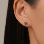 Sapphire Blue CZ Flower Huggie Hoop Earrings in Sterling Silver, Gold or Silver, Marquise CZ Flower Threader Hoop Earrings, Pull Through