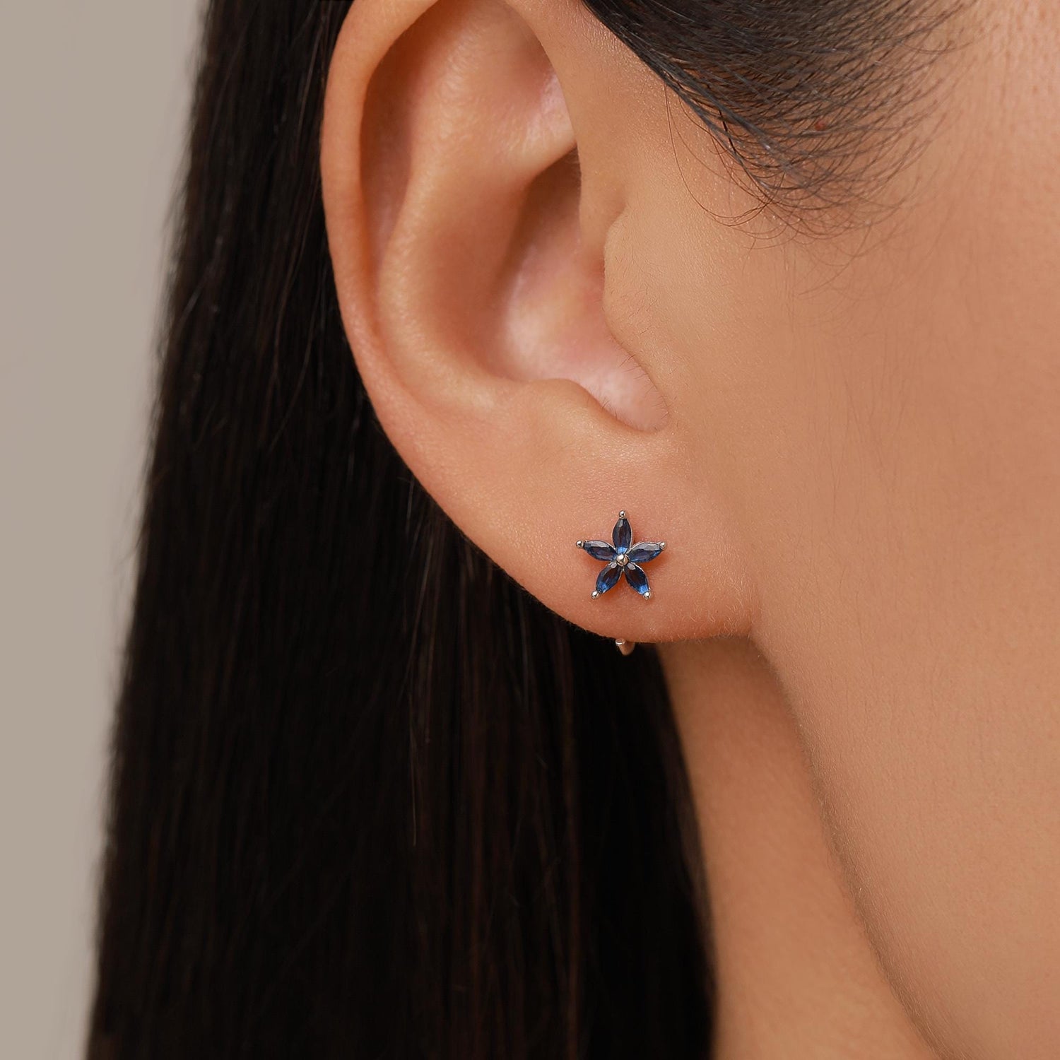 Sapphire Blue CZ Flower Huggie Hoop Earrings in Sterling Silver, Gold or Silver, Marquise CZ Flower Threader Hoop Earrings, Pull Through