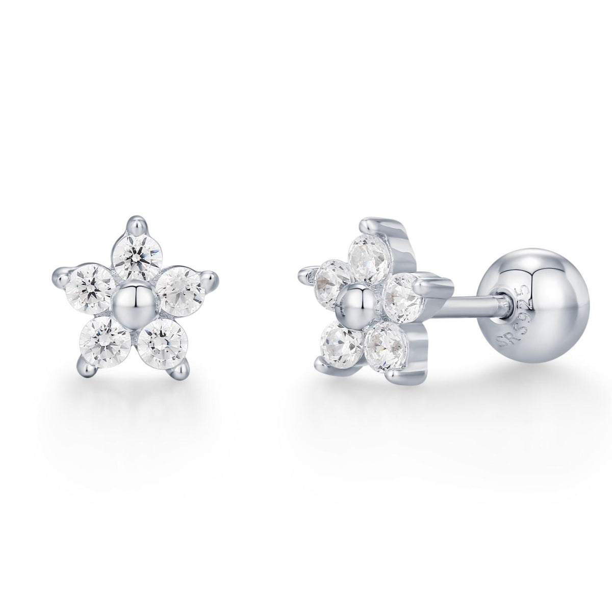 Tiny Flower CZ Screw Back Earrings in Sterling Silver, Forget Me Not Floral CZ Earrings, Silver, Gold and Rose Gold, Flower CZ Earrings