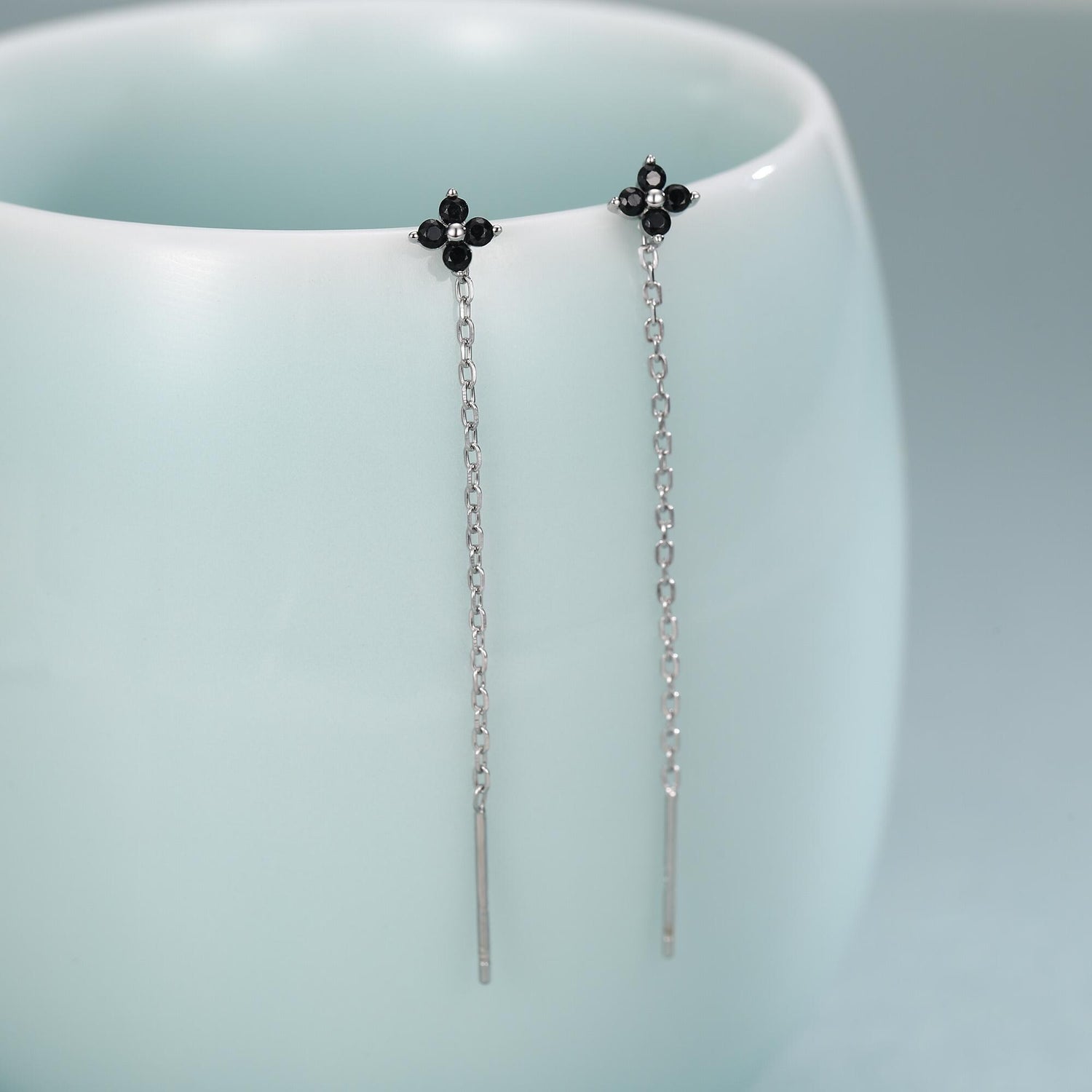 Black Hydrangea Flower CZ Threader Earrings in Sterling Silver, Silver or Gold, Four Dot Crystal Ear Threaders, Flower CZ Earrings