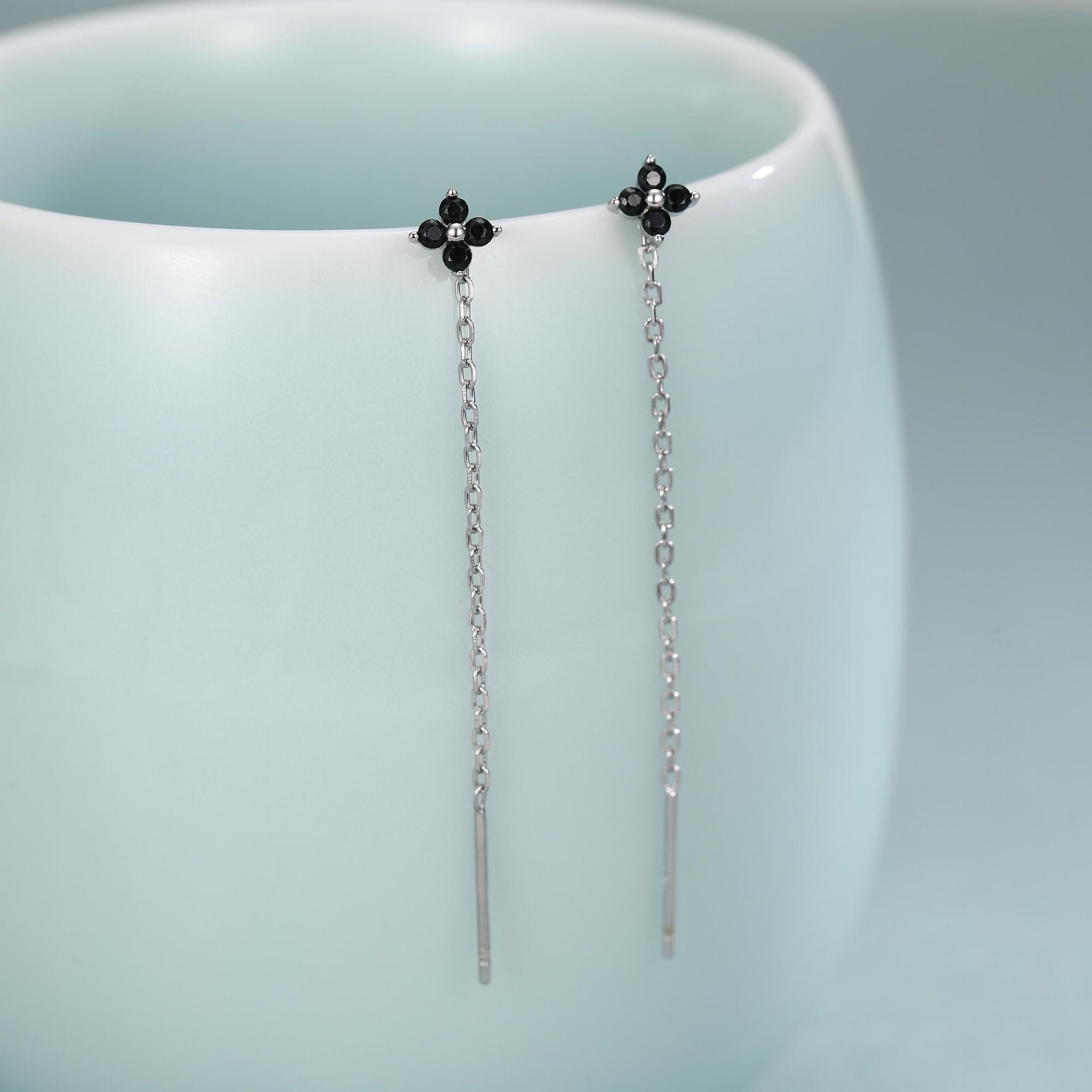 Black Hydrangea Flower CZ Threader Earrings in Sterling Silver, Silver or Gold, Four Dot Crystal Ear Threaders, Flower CZ Earrings