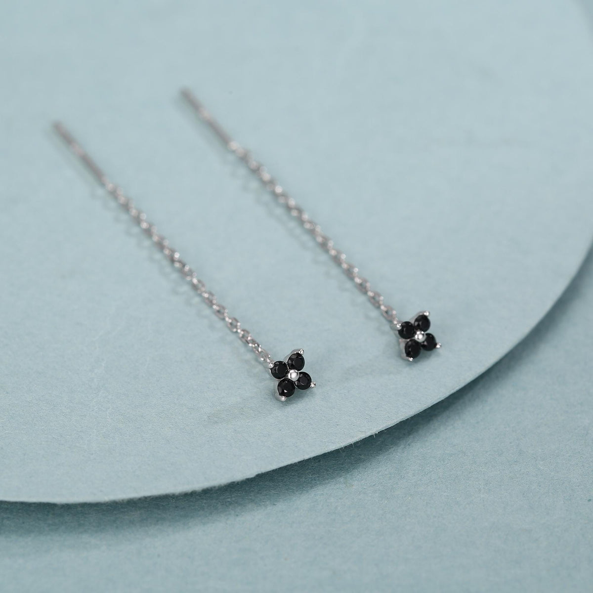 Black Hydrangea Flower CZ Threader Earrings in Sterling Silver, Silver or Gold, Four Dot Crystal Ear Threaders, Flower CZ Earrings