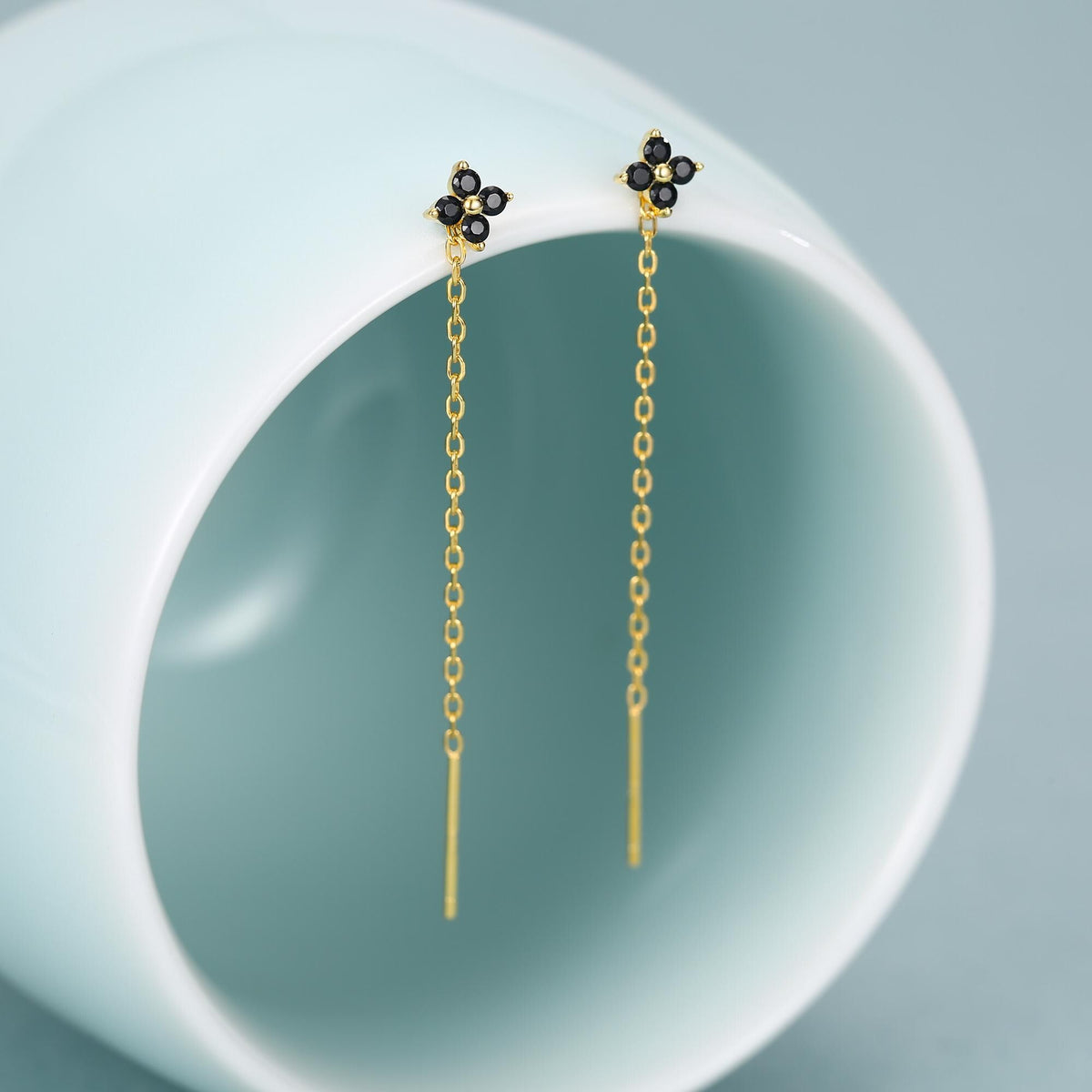 Black Hydrangea Flower CZ Threader Earrings in Sterling Silver, Silver or Gold, Four Dot Crystal Ear Threaders, Flower CZ Earrings