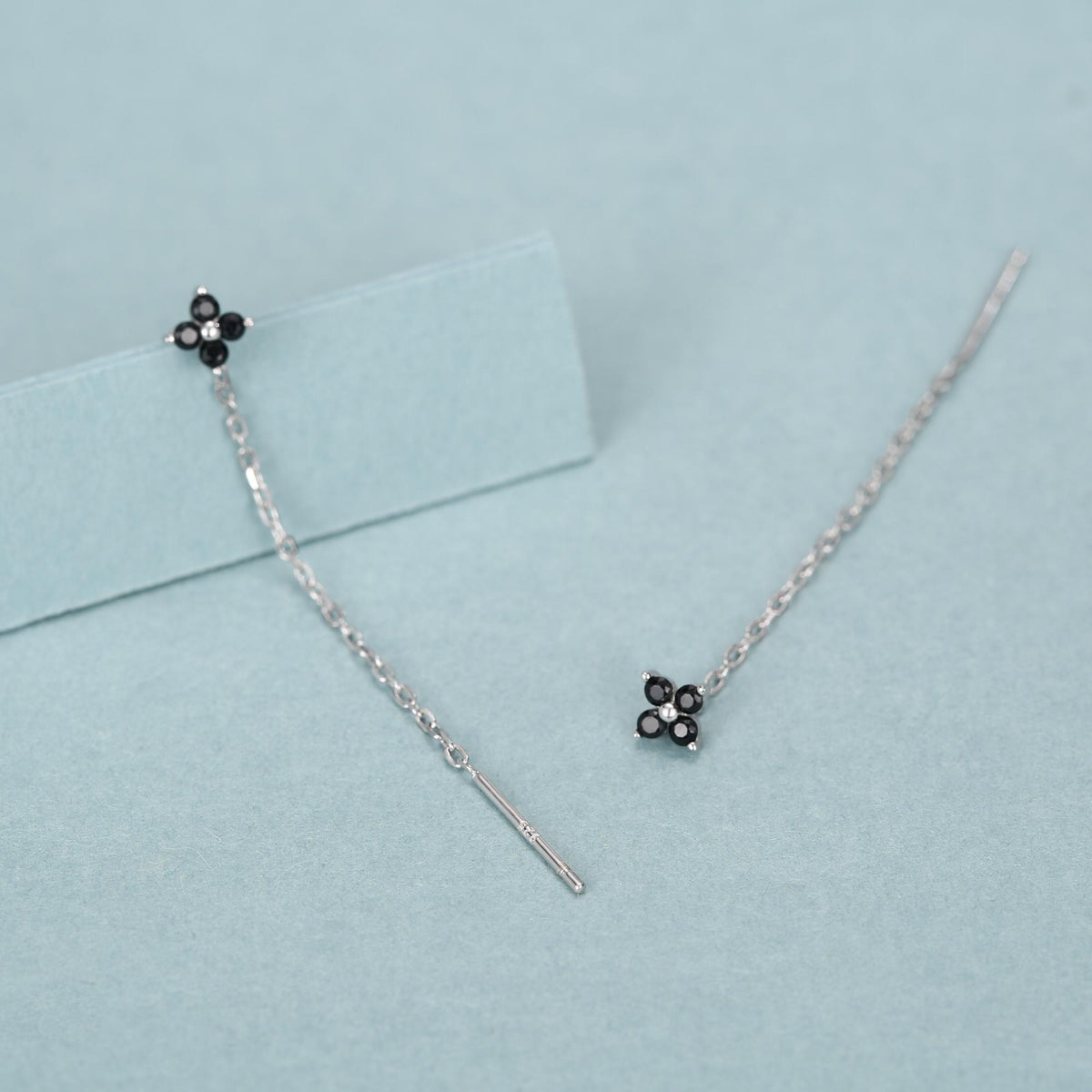 Black Hydrangea Flower CZ Threader Earrings in Sterling Silver, Silver or Gold, Four Dot Crystal Ear Threaders, Flower CZ Earrings