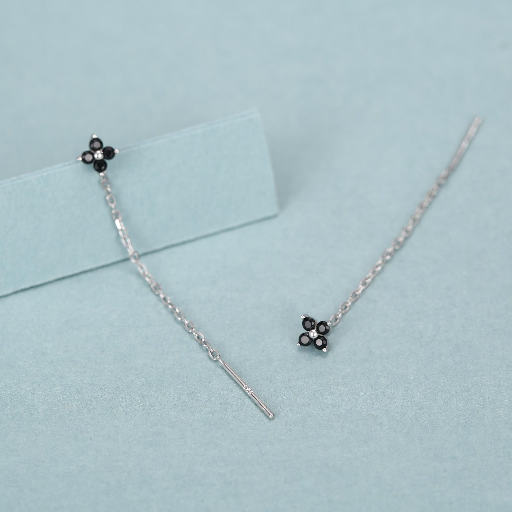 Black Hydrangea Flower CZ Threader Earrings in Sterling Silver, Silver or Gold, Four Dot Crystal Ear Threaders, Flower CZ Earrings