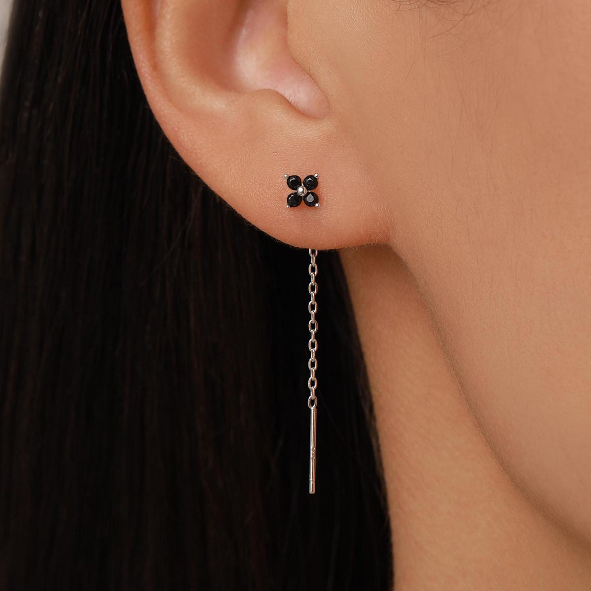 Black Hydrangea Flower CZ Threader Earrings in Sterling Silver, Silver or Gold, Four Dot Crystal Ear Threaders, Flower CZ Earrings