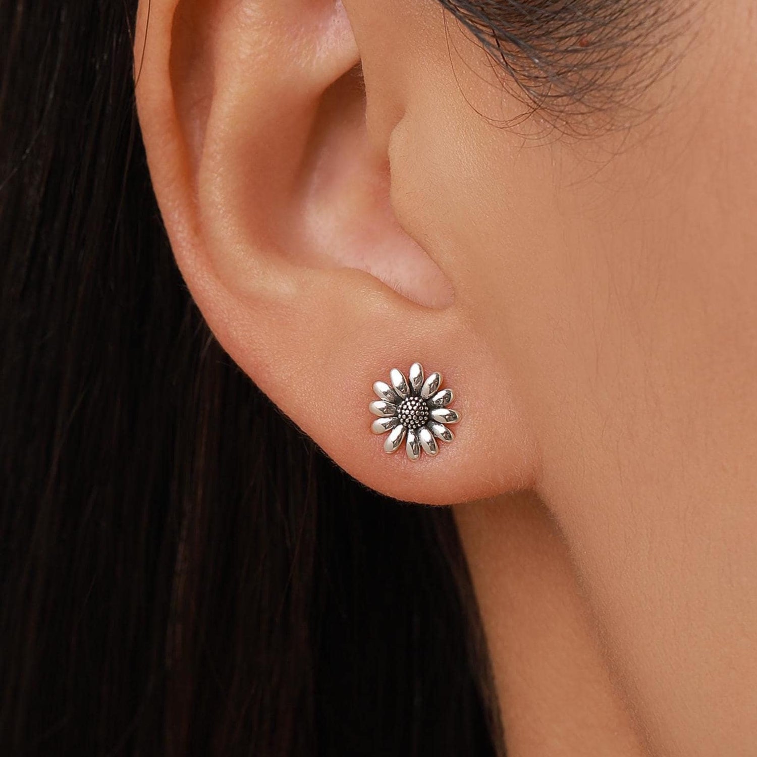Tiny Daisy Flower Stud Earrings in Sterling Silver, Two Finished Available Silver Daisy Earrings, Silver Daisy Blossom Earrings