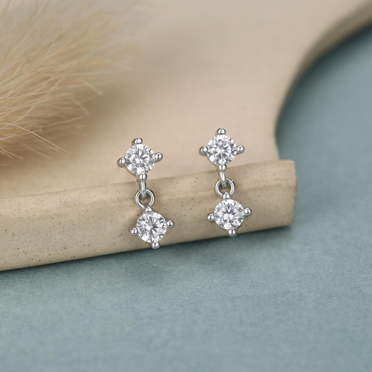Tiny Double CZ Dangle Stud Earrings in Sterling Silver, Silver or Gold, Two CZ Prong Set Earrings, Solid Silver Crystal Earrings