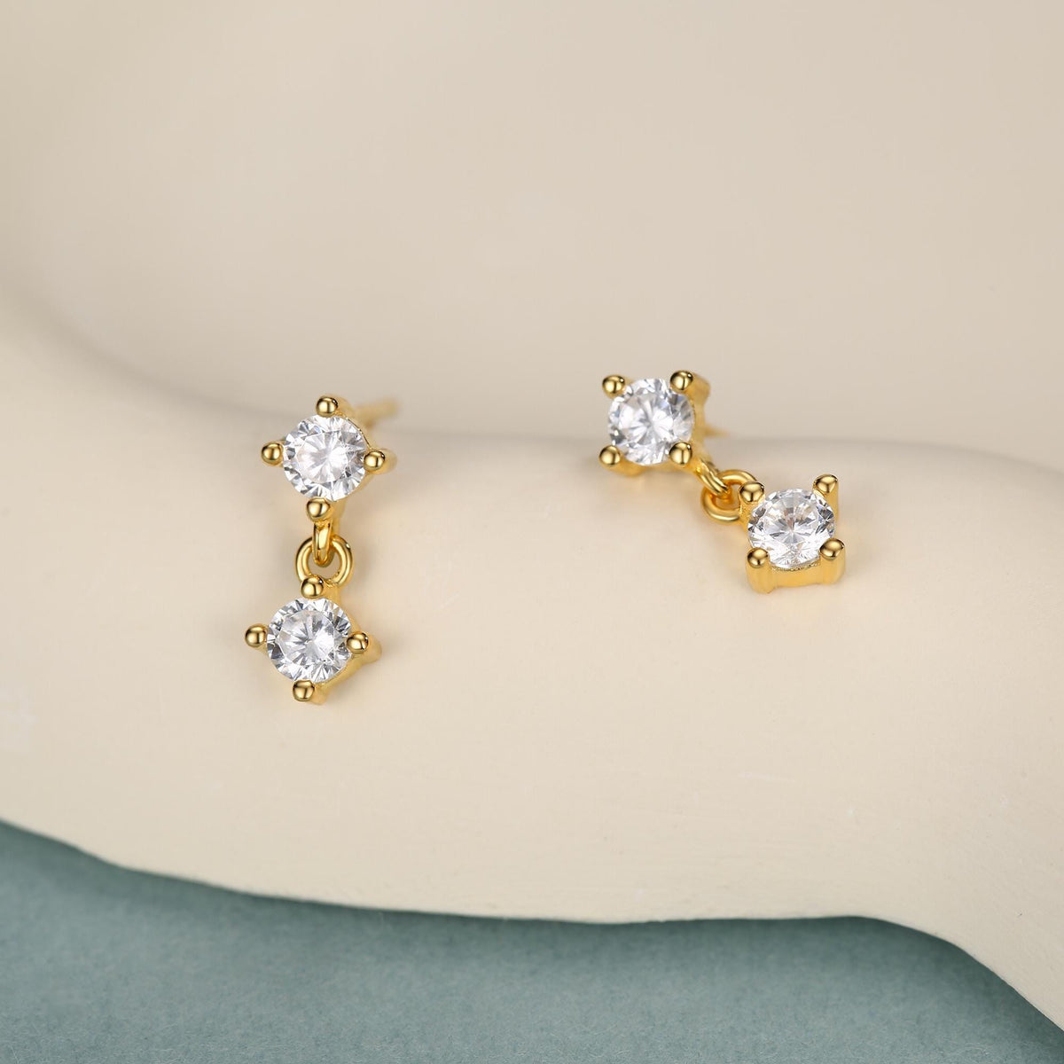 Tiny Double CZ Dangle Stud Earrings in Sterling Silver, Silver or Gold, Two CZ Prong Set Earrings, Solid Silver Crystal Earrings