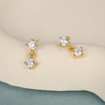 Tiny Double CZ Dangle Stud Earrings in Sterling Silver, Silver or Gold, Two CZ Prong Set Earrings, Solid Silver Crystal Earrings