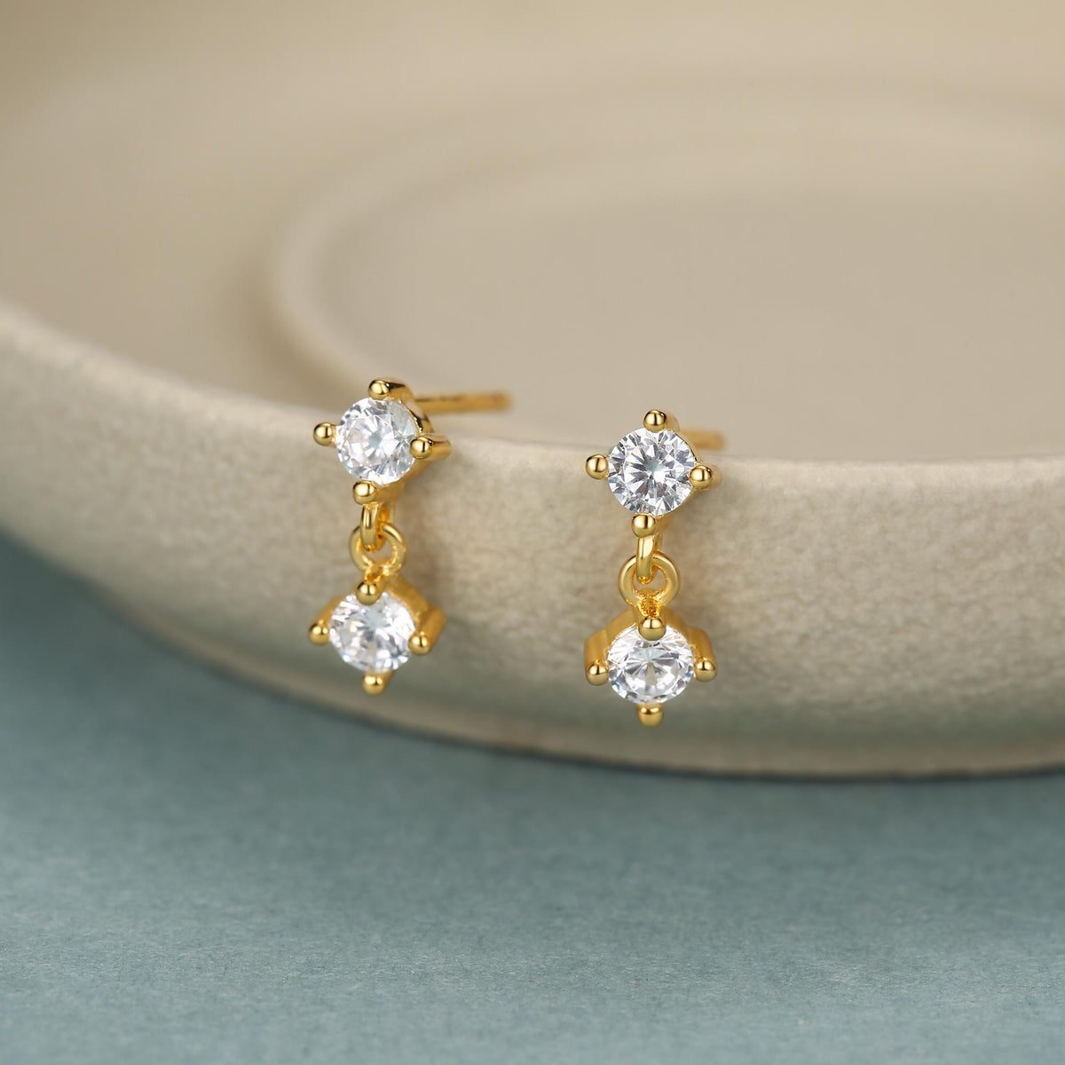 Tiny Double CZ Dangle Stud Earrings in Sterling Silver, Silver or Gold, Two CZ Prong Set Earrings, Solid Silver Crystal Earrings