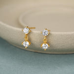 Tiny Double CZ Dangle Stud Earrings in Sterling Silver, Silver or Gold, Two CZ Prong Set Earrings, Solid Silver Crystal Earrings