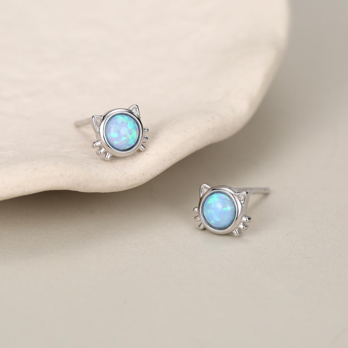 Sterling Silver Blue Opal Cat Stud Earrings