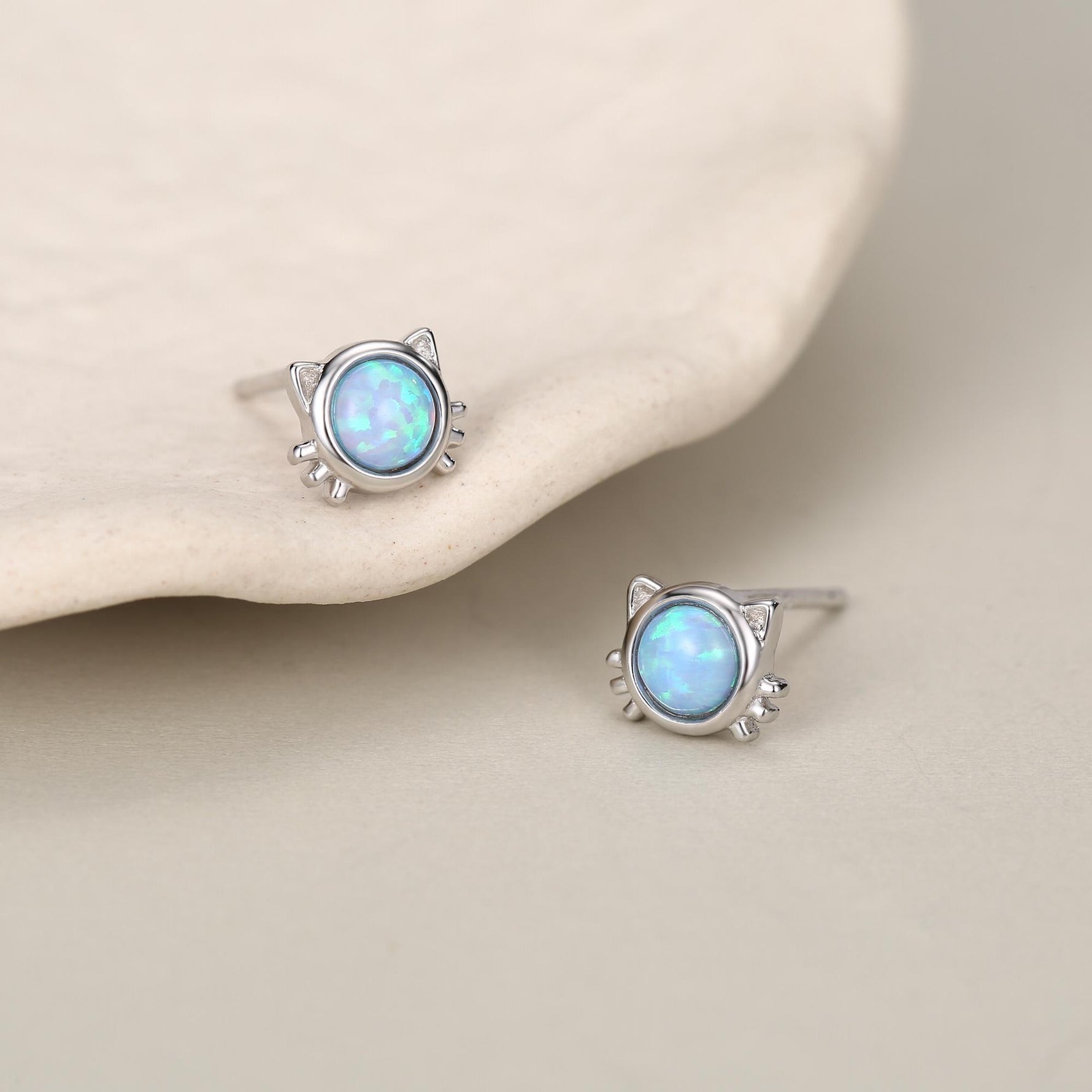 Sterling Silver Blue Opal Cat Stud Earrings