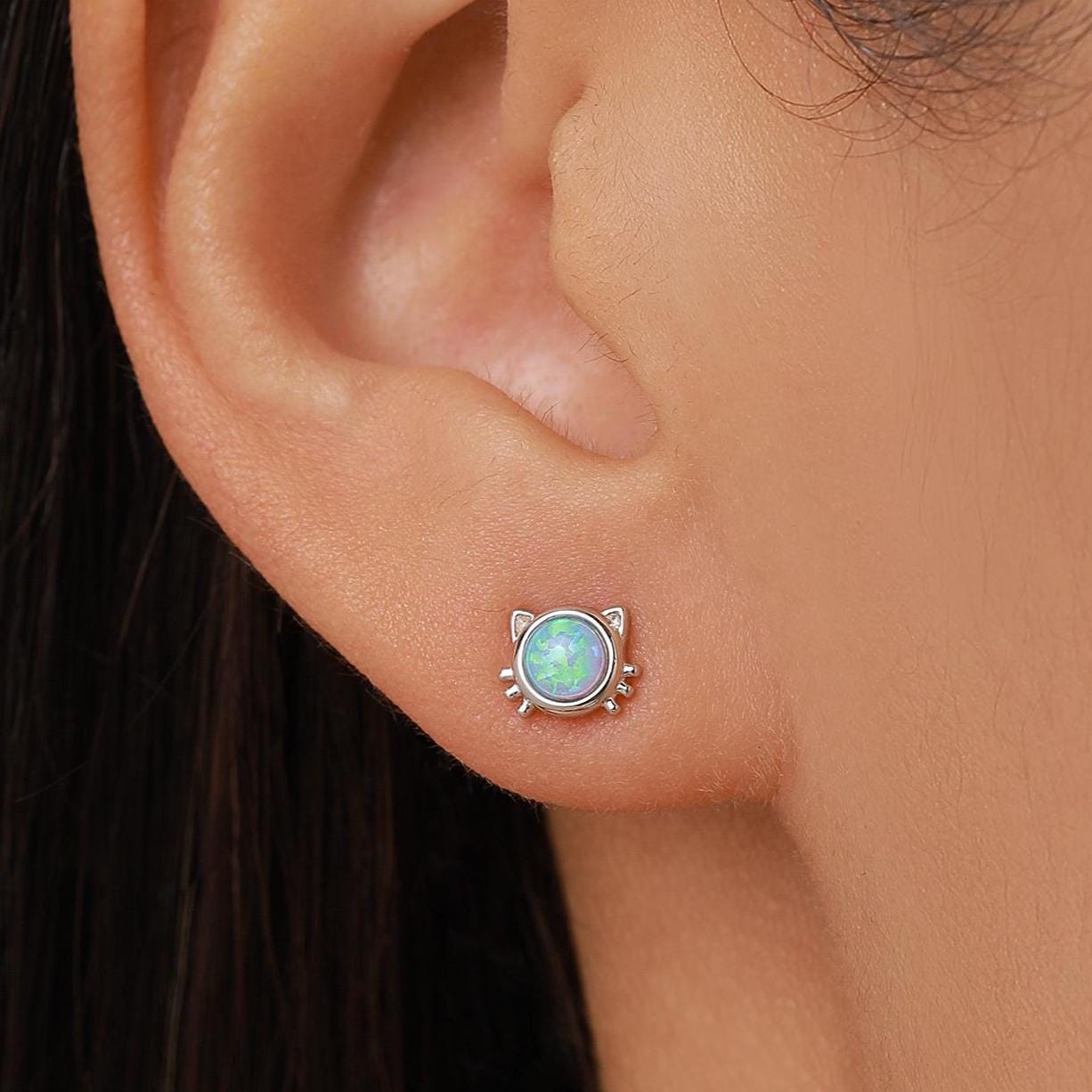 Sterling Silver Blue Opal Cat Stud Earrings