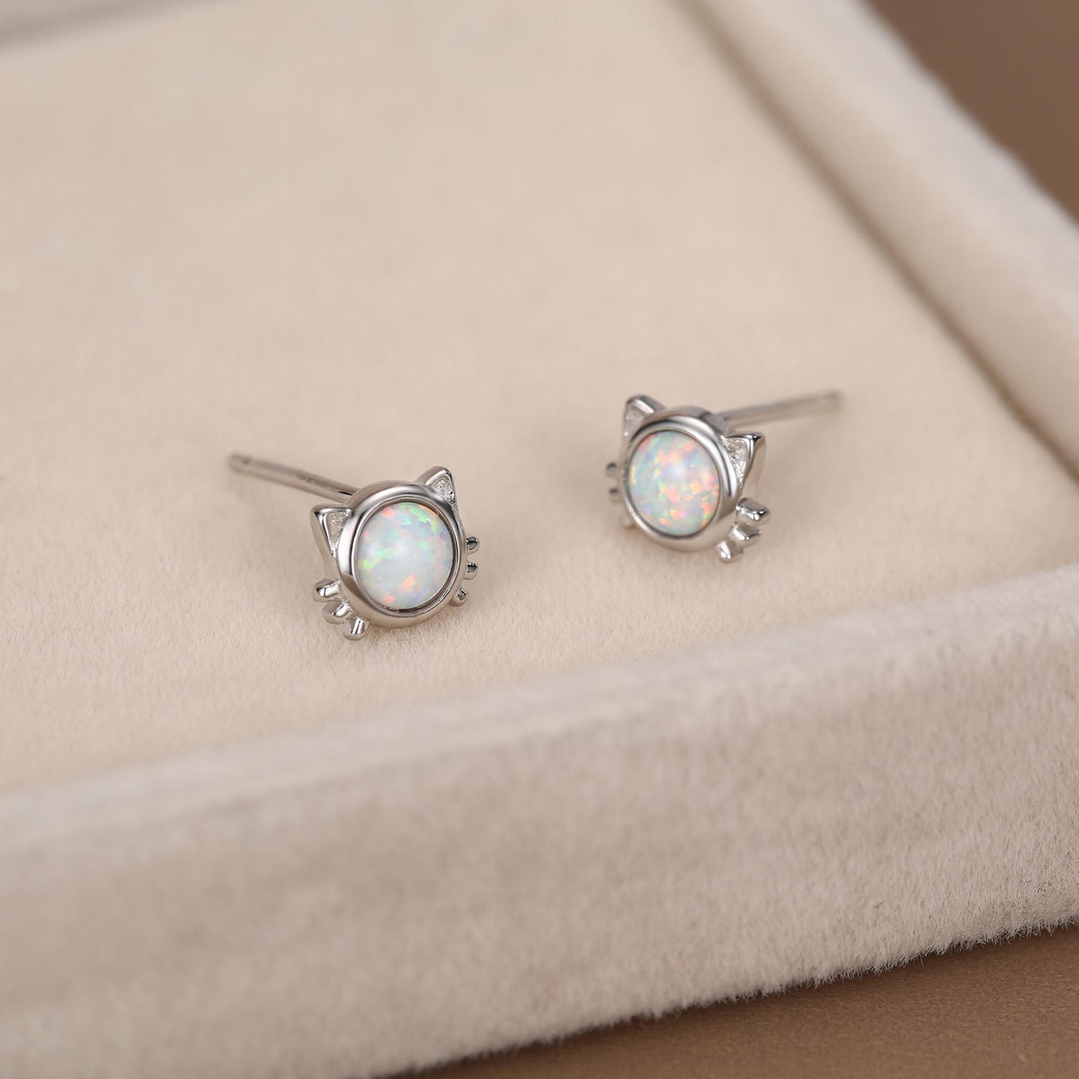Sterling Silver White Opal Cat Stud Earrings