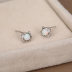Sterling Silver White Opal Cat Stud Earrings