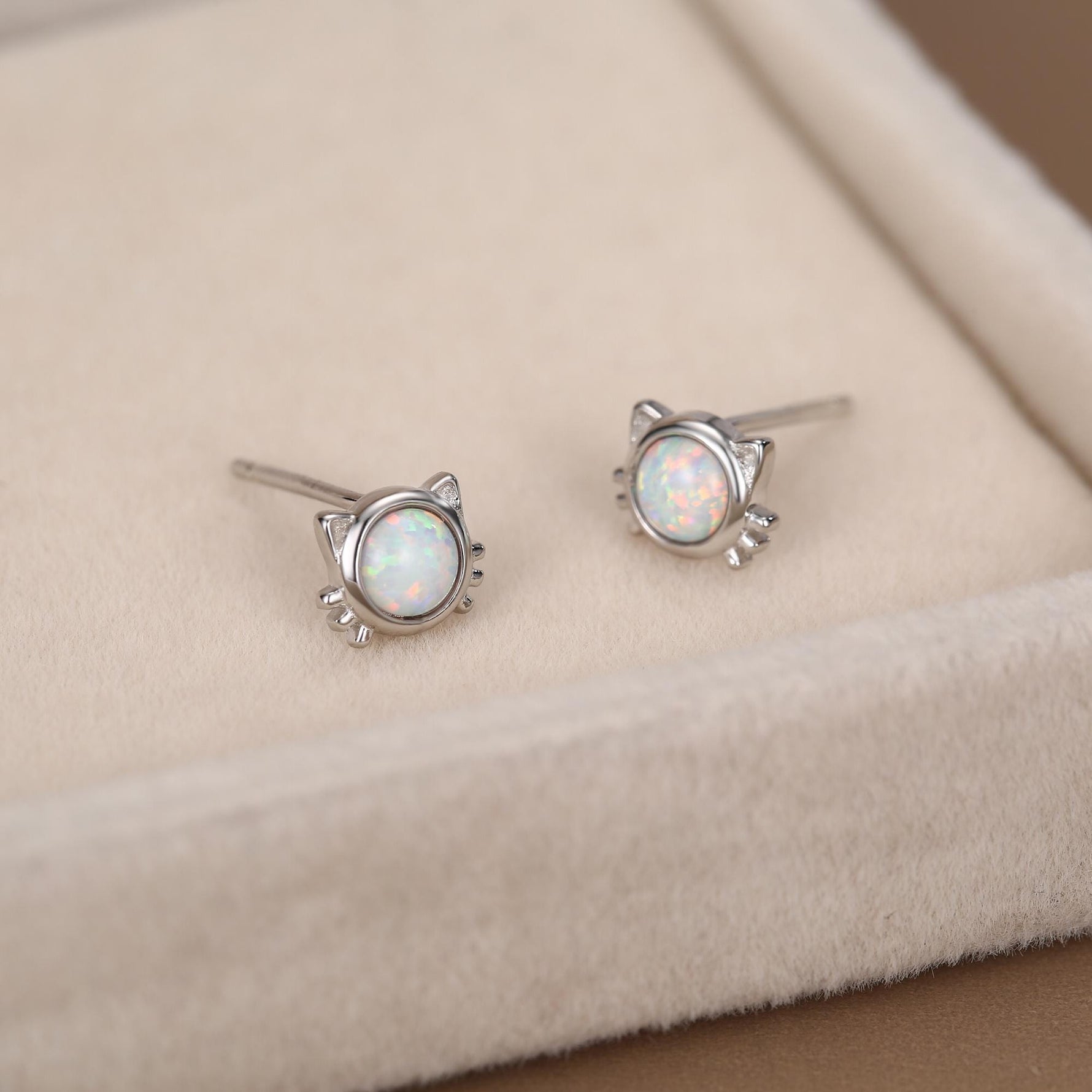 Sterling Silver White Opal Cat Stud Earrings
