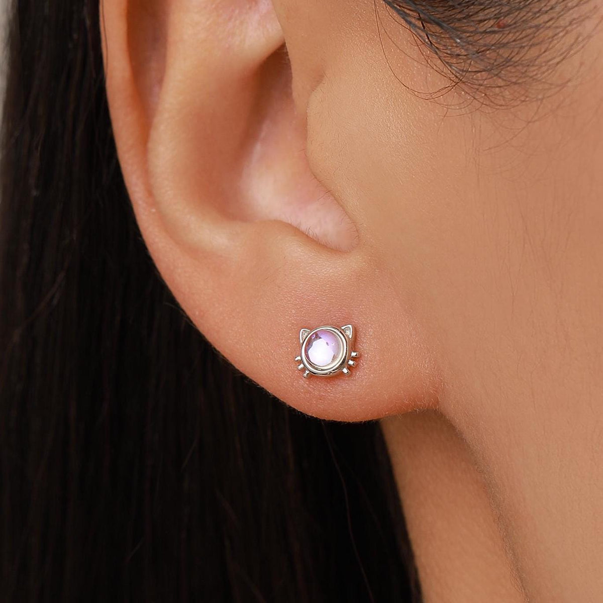 Moonstone Cat Stud Earrings in Sterling Silver, Opal Cat Earrings, Silver or Gold, Kitty Cat Earrings, Cat Lover Earrings