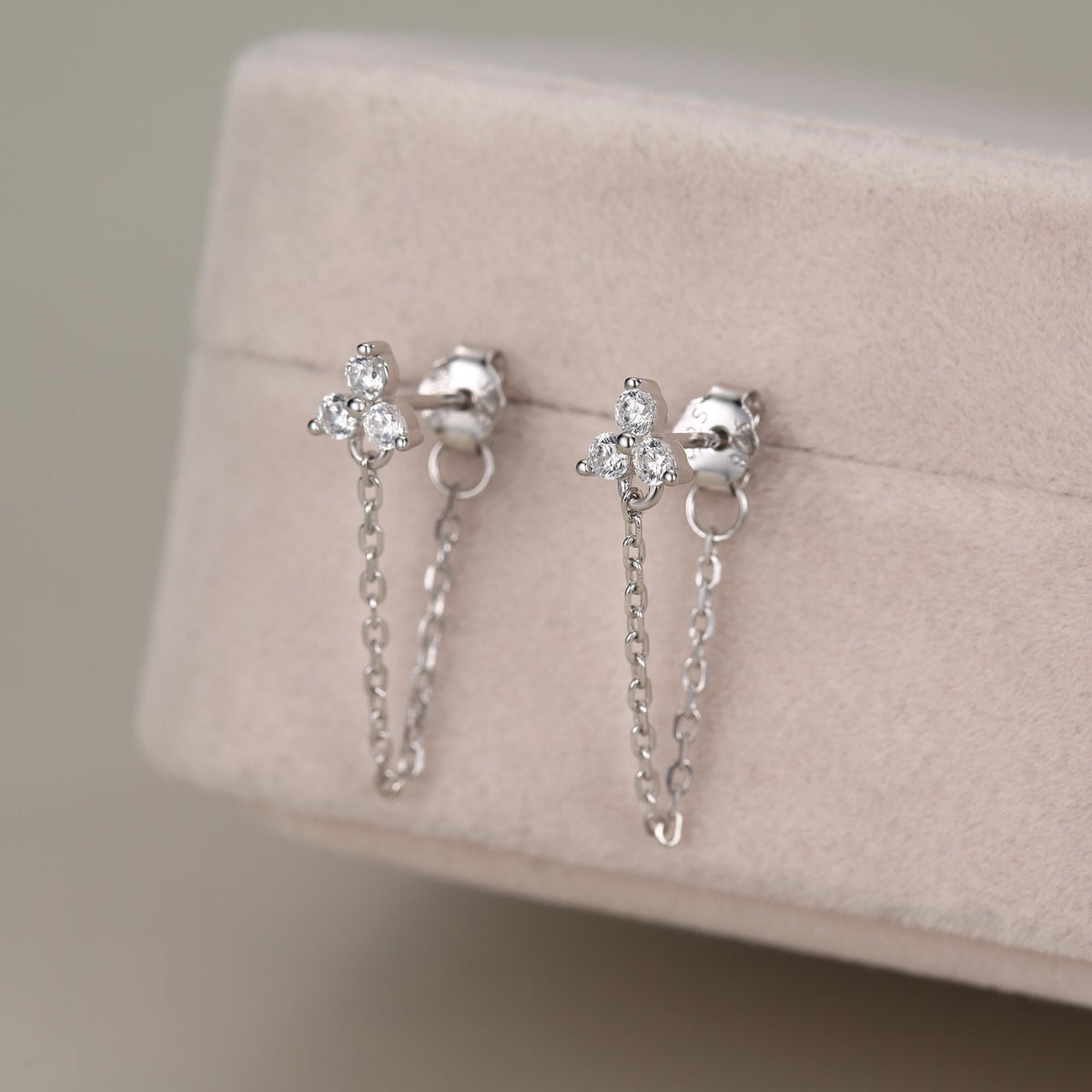 Tiny Three Dot Trio Chain Earrings in Sterling Silver, Silver or Gold, Trinity Three CZ Ear Jacket, CZ Jacket Earrings