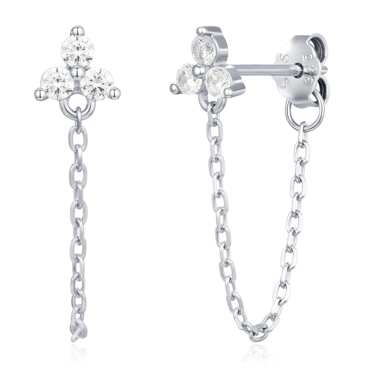Tiny Three Dot Trio Chain Earrings in Sterling Silver, Silver or Gold, Trinity Three CZ Ear Jacket, CZ Jacket Earrings