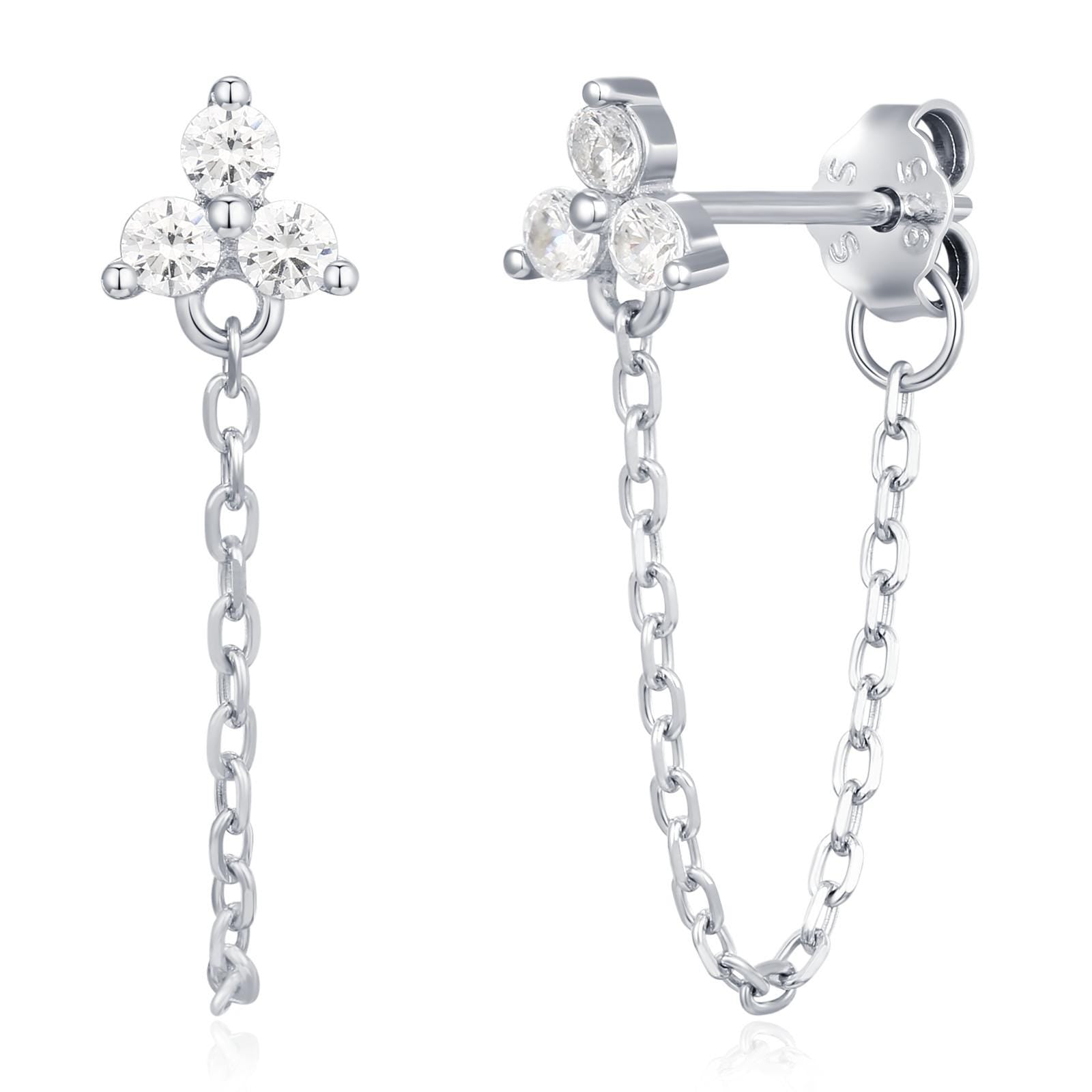 Tiny Three Dot Trio Chain Earrings in Sterling Silver, Silver or Gold, Trinity Three CZ Ear Jacket, CZ Jacket Earrings