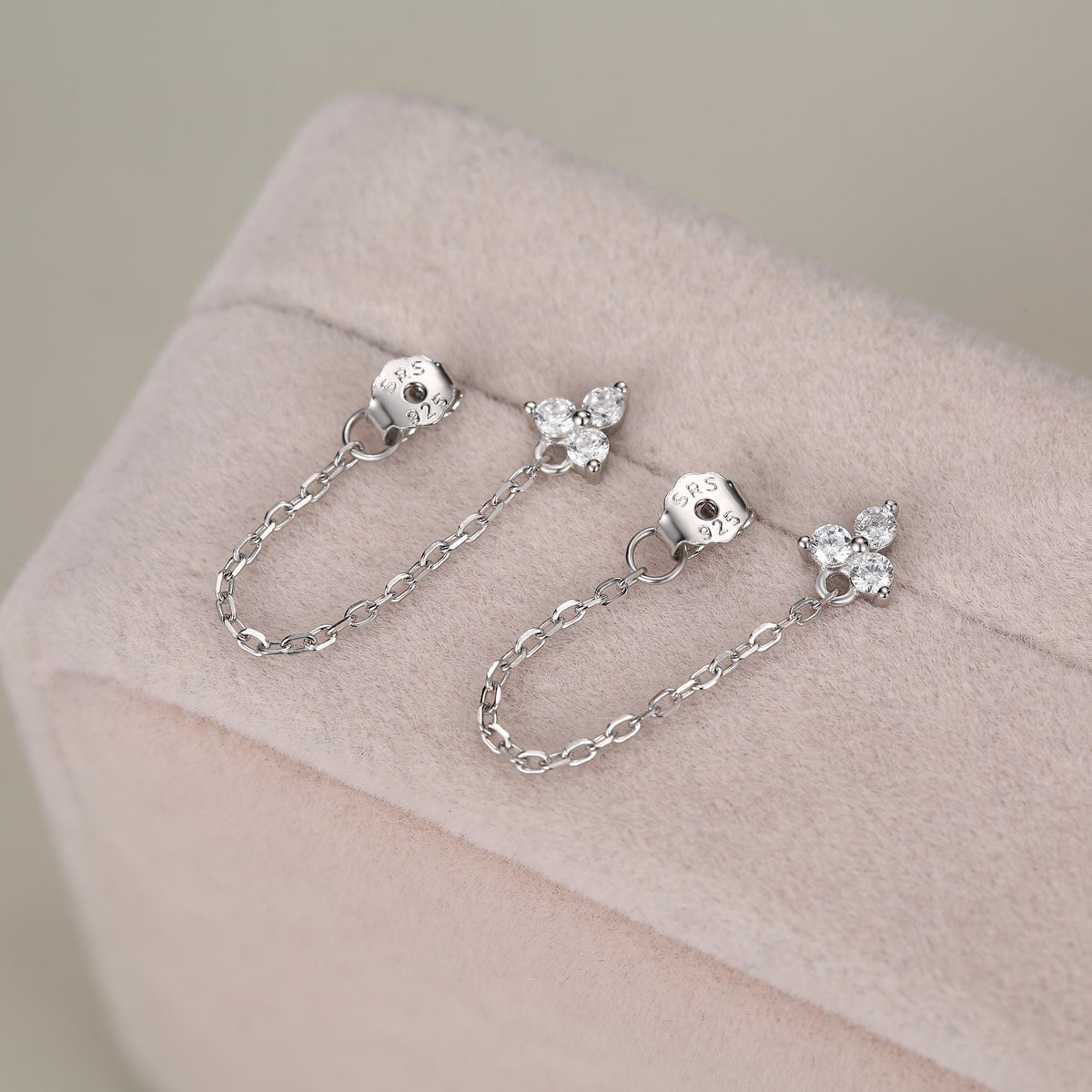 Tiny Three Dot Trio Chain Earrings in Sterling Silver, Silver or Gold, Trinity Three CZ Ear Jacket, CZ Jacket Earrings
