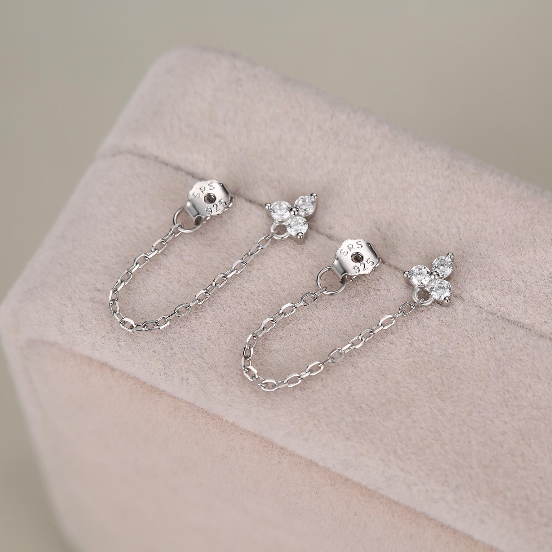 Tiny Three Dot Trio Chain Earrings in Sterling Silver, Silver or Gold, Trinity Three CZ Ear Jacket, CZ Jacket Earrings