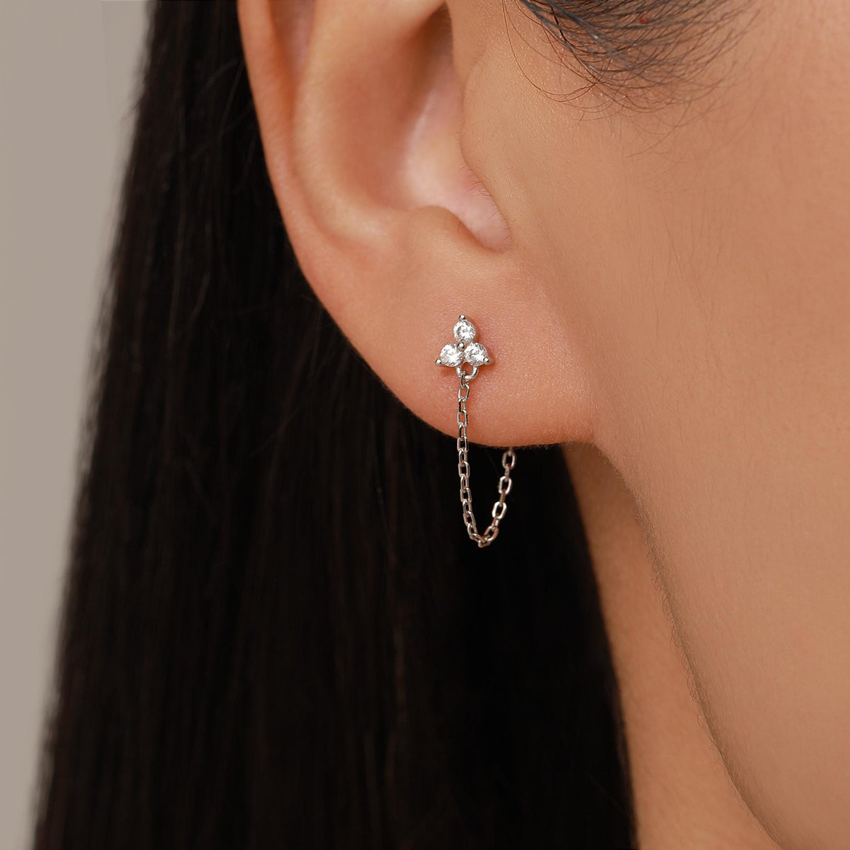 Tiny Three Dot Trio Chain Earrings in Sterling Silver, Silver or Gold, Trinity Three CZ Ear Jacket, CZ Jacket Earrings