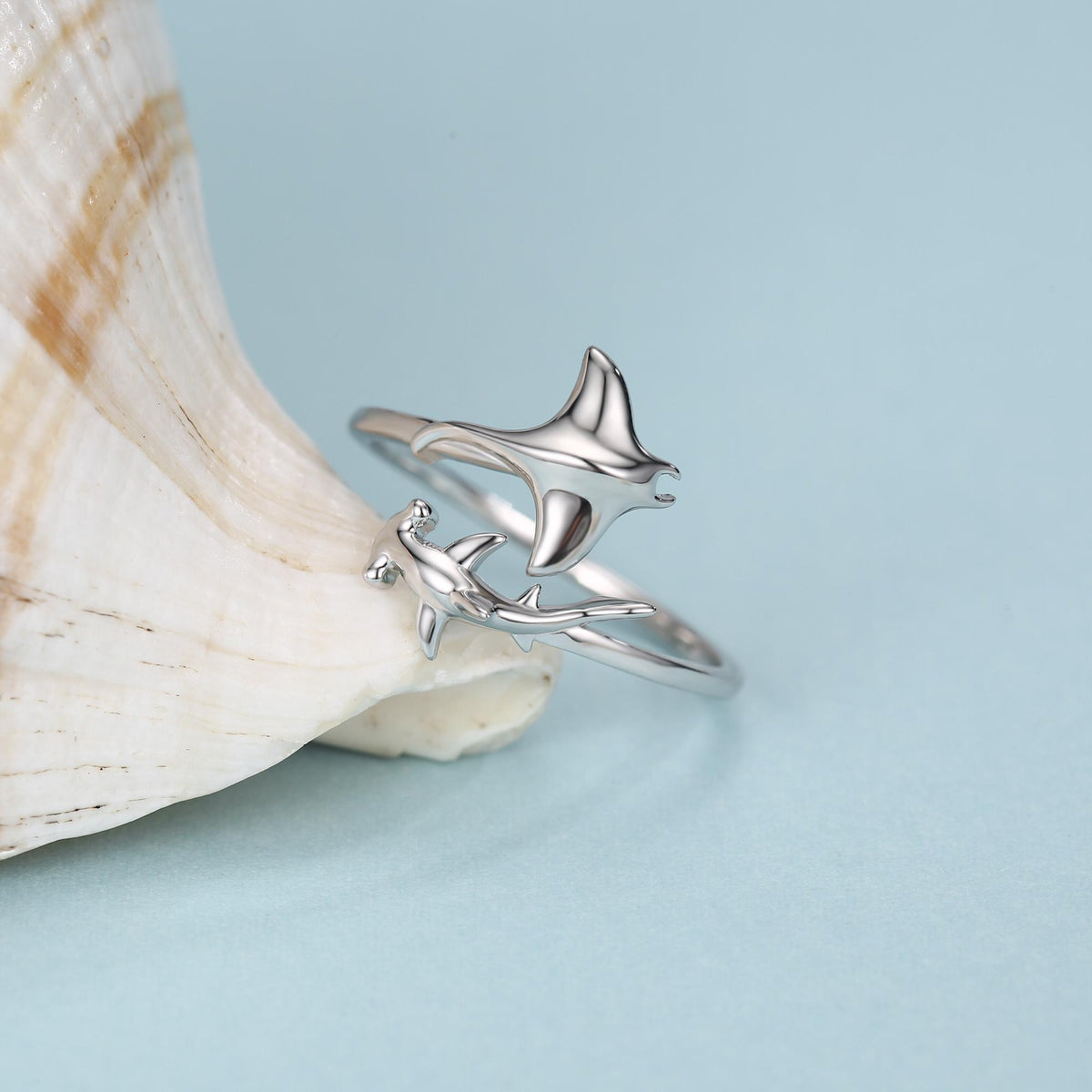 Sterling Silver Manta Ray and Hammerhead Shark Open Ring