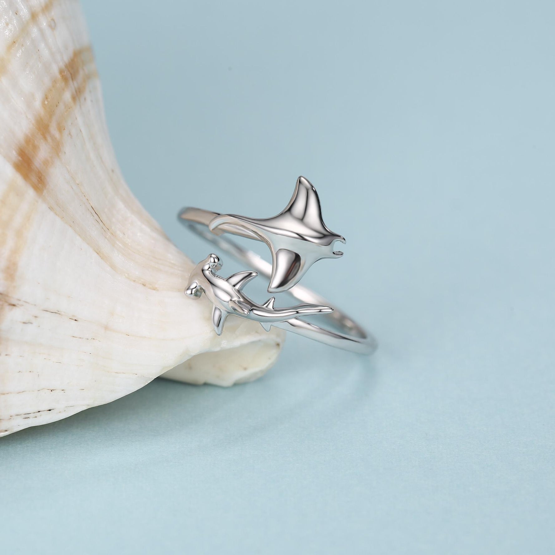 Sterling Silver Manta Ray and Hammerhead Shark Open Ring