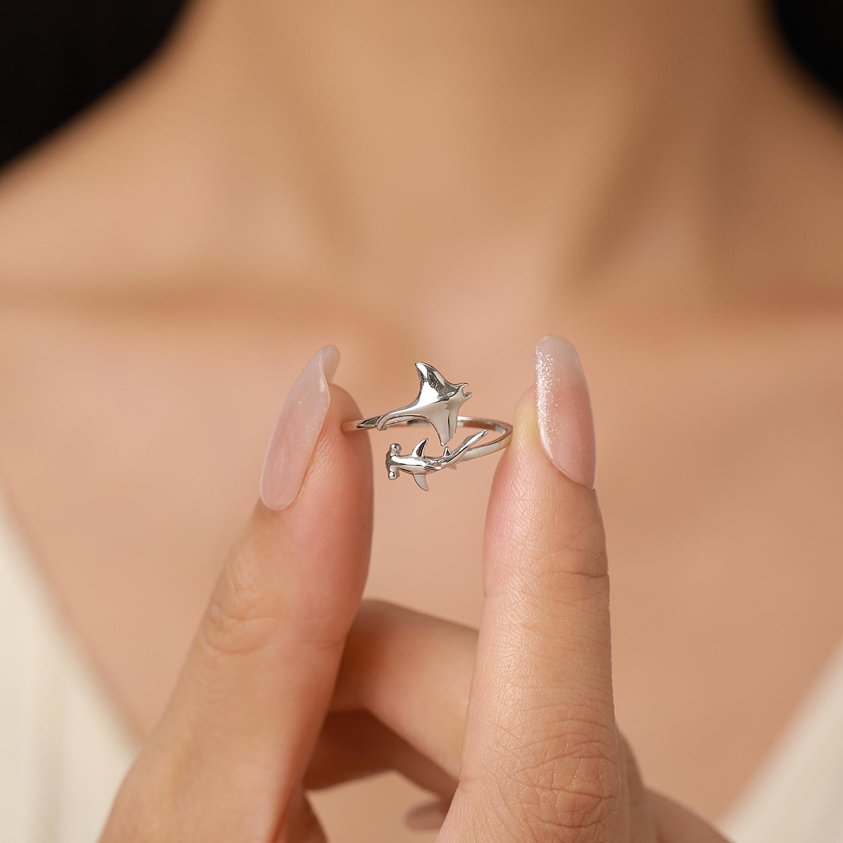 Sterling Silver Manta Ray and Hammerhead Shark Open Ring