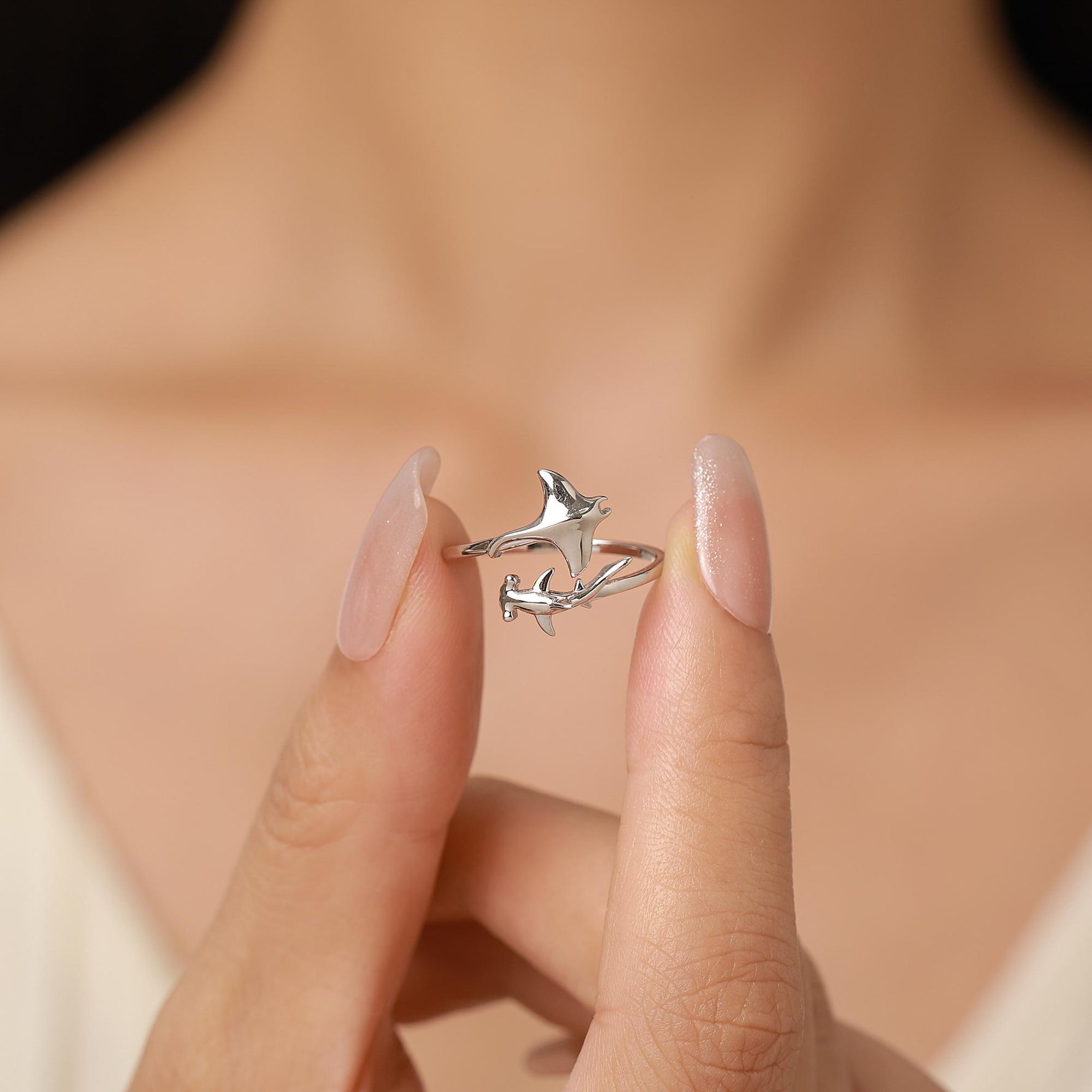 Sterling Silver Manta Ray and Hammerhead Shark Open Ring