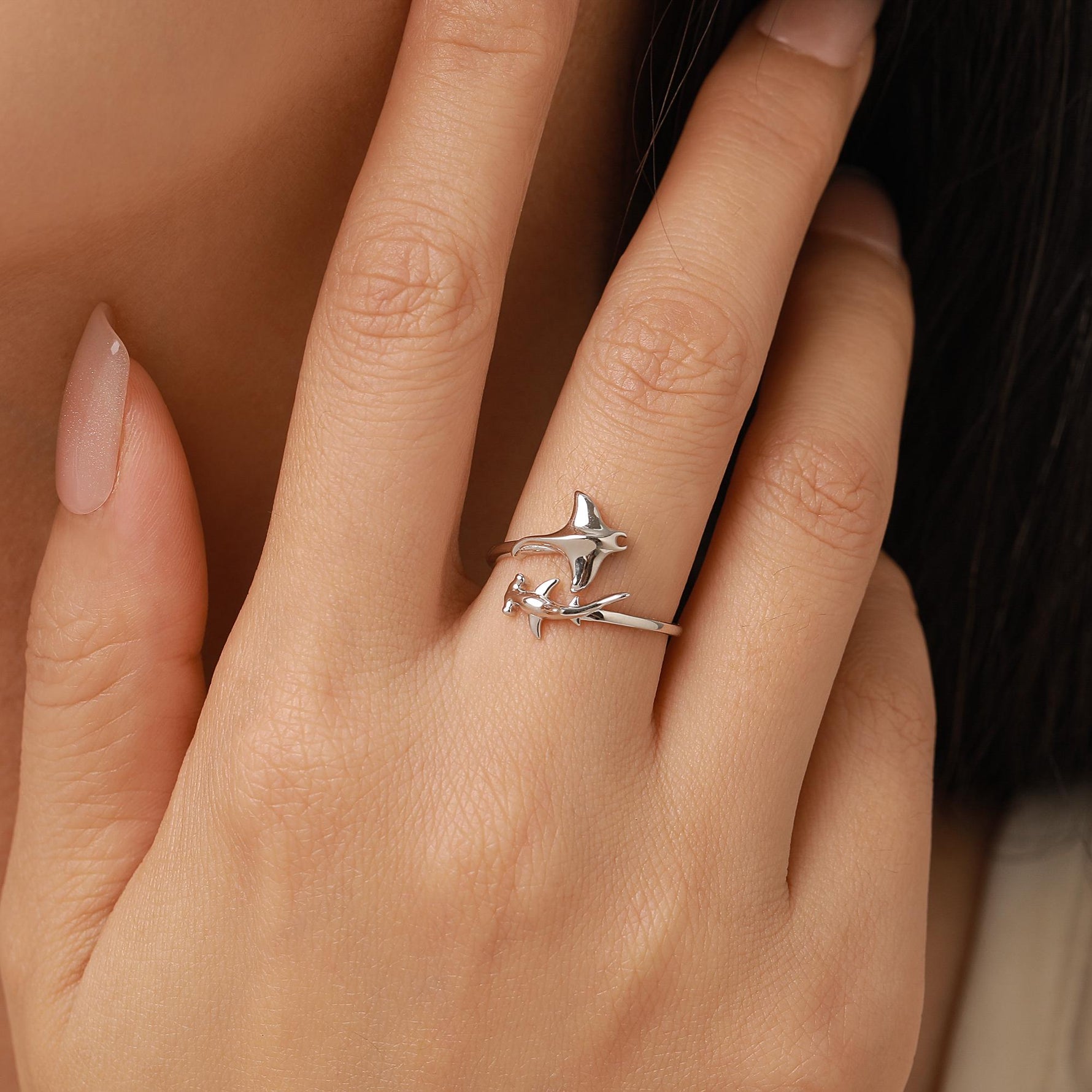 Sterling Silver Manta Ray and Hammerhead Shark Open Ring