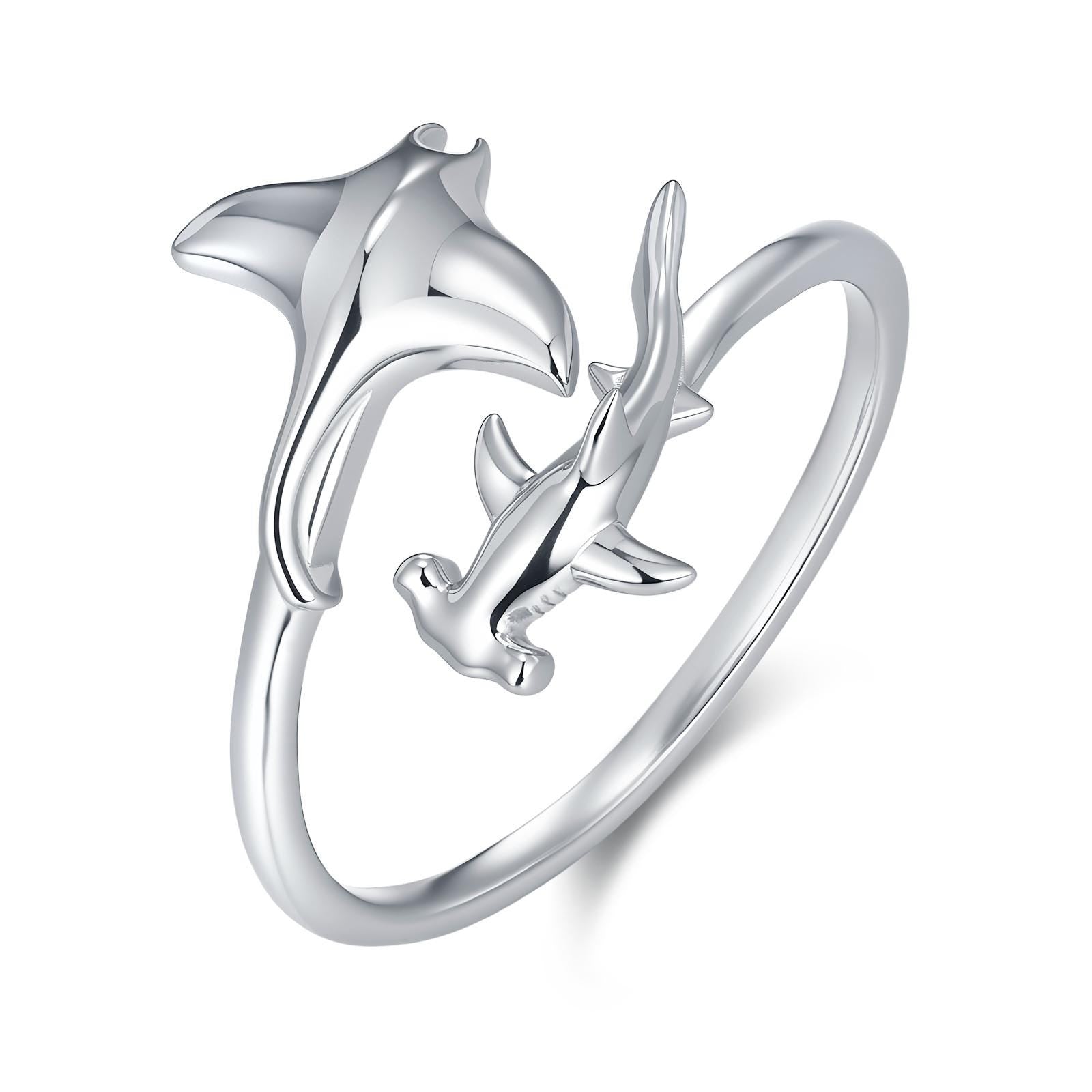 Sterling Silver Manta Ray and Hammerhead Shark Open Ring
