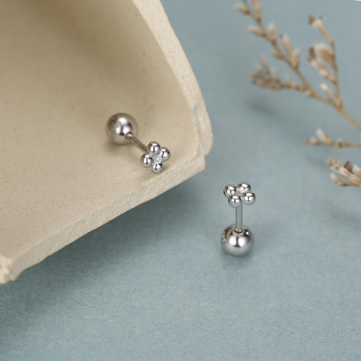 Extra Tiny Four Ball Cluster Screw Back Earrings in Sterling Silver, Gold or Silver, Four Dot Barbell Earrings, Vintage Inspired