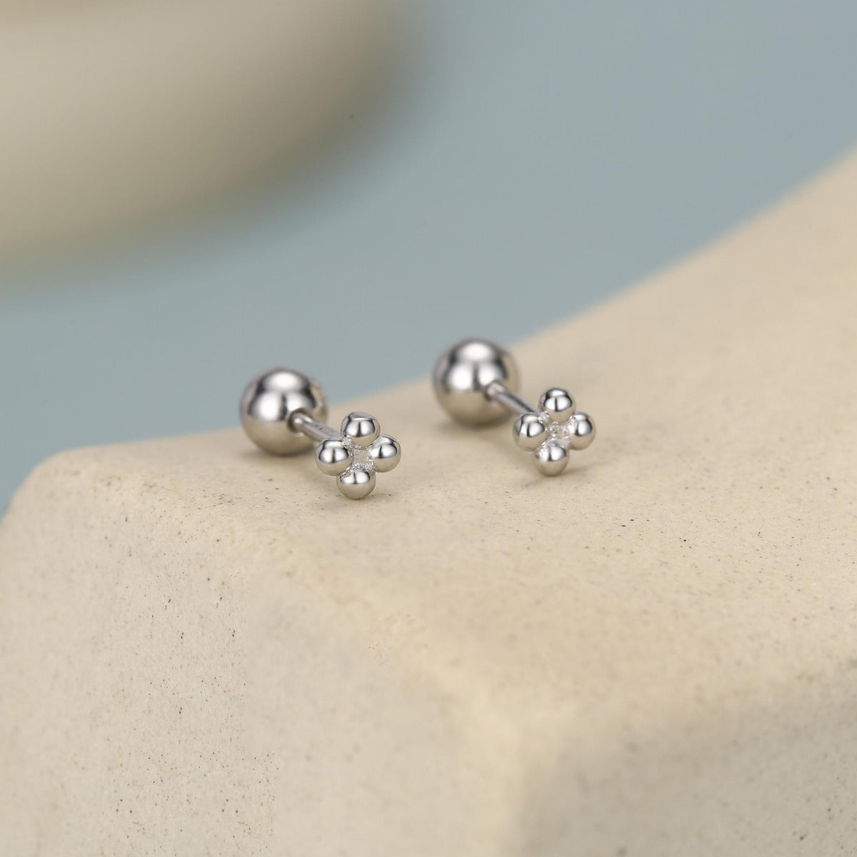 Extra Tiny Four Ball Cluster Screw Back Earrings in Sterling Silver, Gold or Silver, Four Dot Barbell Earrings, Vintage Inspired