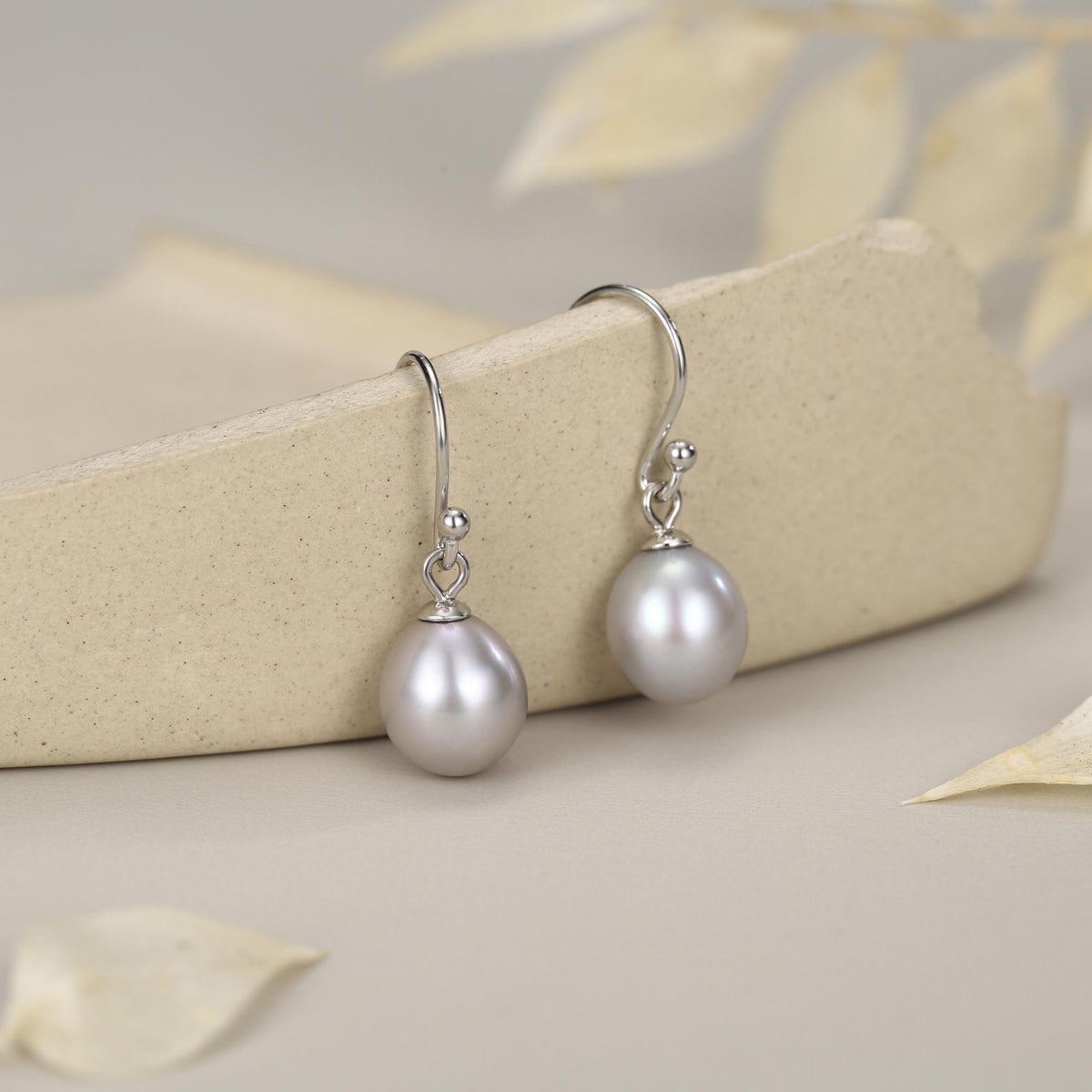 Sterling Silver Grey Pearl Earrings, Natural Freshwater Pearl Drop Hook Earrings in Sterling Silver, Oval Pearl Earrings